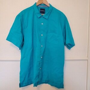 Tommy Bahama Mens Shirt Linen Blend Button Up Short Sleeve‎ Size XL Blue Green